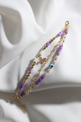 3Lü Kelebek Uçlu Mor Renk Fimo Boncuklu Bileklik