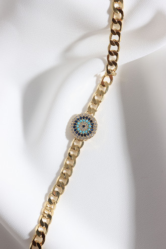 Zircon Taşlı Nazarlı Gold Renk Zincir Bileklik