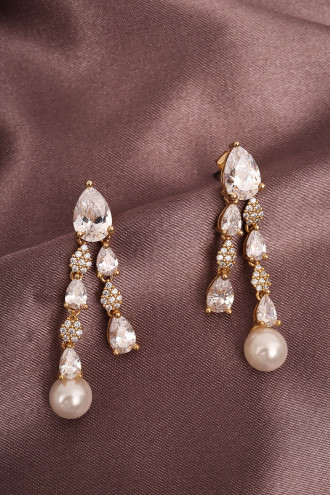 Inci Uçlu Zircon Taşlı Gold Renk Çift Süzmeli Abiye Küpe