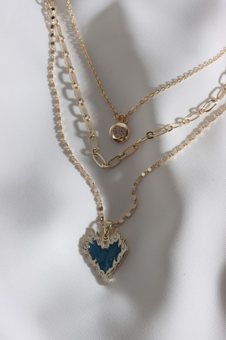 Mavi Mineli 3'Lü Gold Renk Alevli Kalp Zincir Kolye