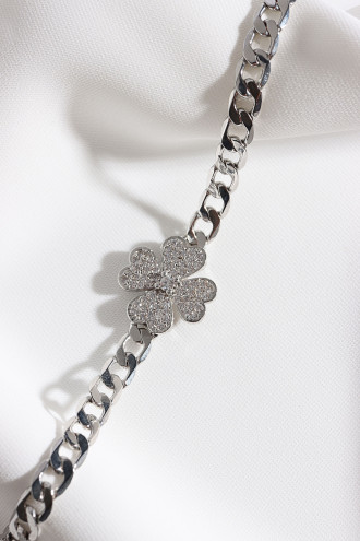 Beyaz Zircon Taşlı Gümüş Renk Yonca Zincir Bileklik