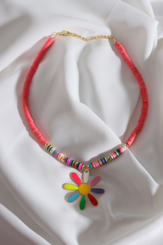 Pembe Fimo Boncuklu Renkli Mineli Papatya Kolye