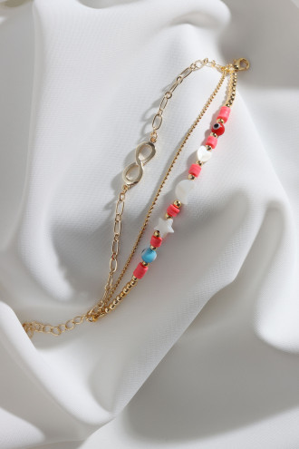 3'Lü Pembe Fimo Boncuklu Sonsuzluk Aparatlı Gold Renk Bileklik