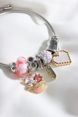 Çelik  Model Renkli Sedefli Kalp Figür Gümüş Renk Bileklik