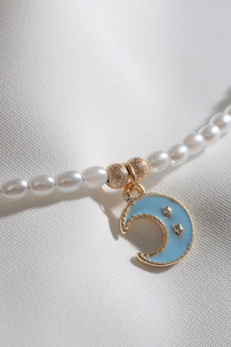 Mavi Mineli Ay Uçlu İnci Kolye