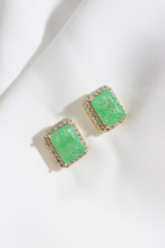 Neon Yeşil Taşlı Gold Renk Kare Küpe