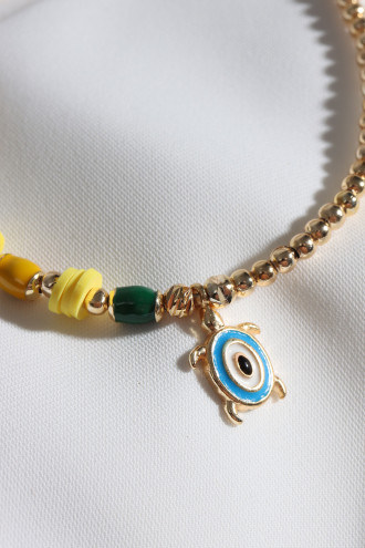 Sarı Fimo Boncuk Detaylı Kaplumbağa Uçlu Top Bileklik