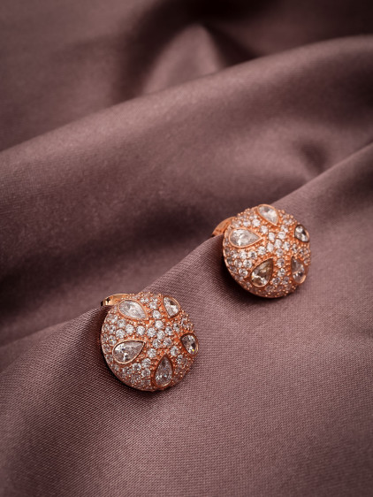 Yuvarlak Zircon Taşlı Gold Abiye Küpe