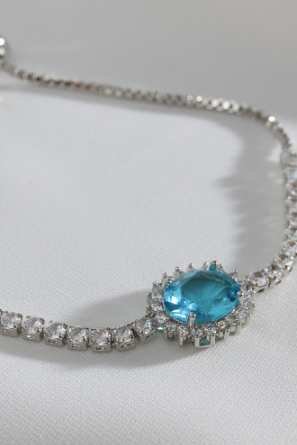 Oval Mavi Zircon Taşlı Anturaj Gümüş Renk Su Yolu Asansörlü Bileklik