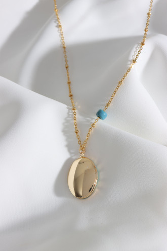 Yeşil Mineli Kapaklı Çift Taraflı Kullanıma Uygun Oval Gold Renk Kolye