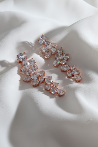 Taşlı Rose Renk Uzun Abiye Küpe