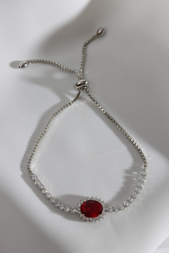 Oval Kırmızı Zircon Taşlı Anturaj Gümüş Renk Su Yolu Asansörlü Bileklik