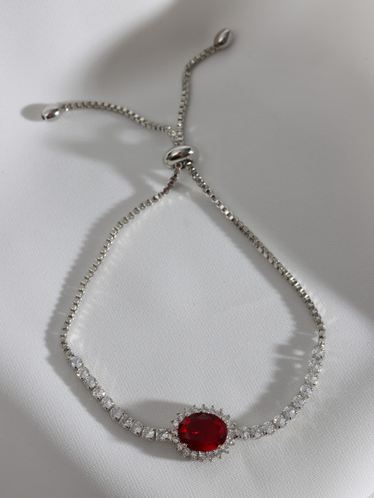 Oval Kırmızı Zircon Taşlı Anturaj Gümüş Renk Su Yolu Asansörlü Bileklik