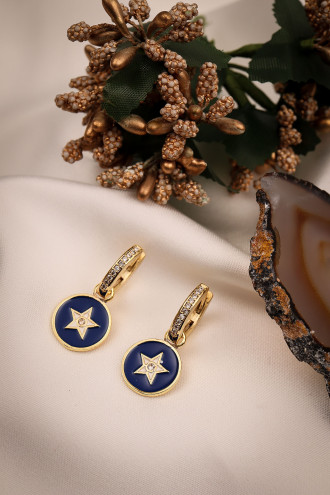 Lacivert Mineli Yıldız Figür Gold Renk Halka Küpe
