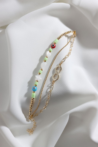 3'Lü Açık Yeşil Fimo Boncuklu Sonsuzluk Aparatlı Gold Renk Bileklik