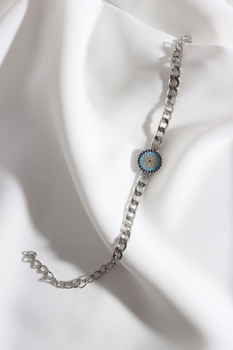 Zircon Taşlı Nazarlı Gümüş Renk Zincir Bileklik