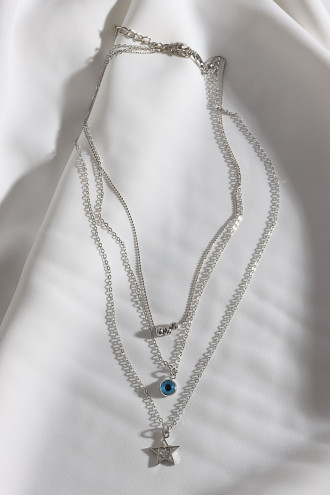 3'Lü Yıldız Ve Nazar Uçlu Gümüş Renk Kolye