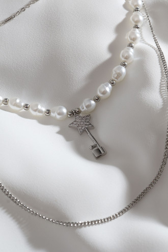 3'Lü Inci Detay Yıldız Uçlu Gümüş Renk Zincir Kolye