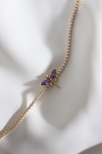 Mor Taşlı Yusufçuk Figürlü Zircon Taş Gold Renk Suyolu Bileklik