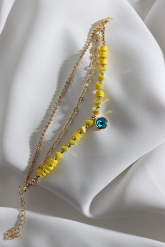 3'Lü Gold Renk Su Yolu Detaylı Sarı Boncuklu Nazar Bileklik