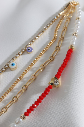 4'Lü Kırmızı Boncuk Detaylı Gold Renk Çoklu Bileklik