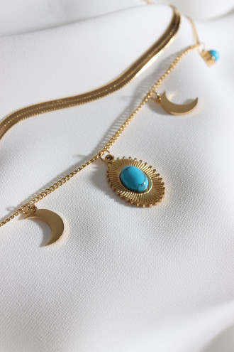 2'Li Yılan Zincirli Mercan Taş 316L Gold Renk Çelik Bileklik