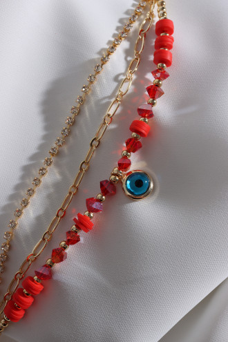 3'Lü Gold Renk Su Yolu Detaylı Kırmızı Boncuklu Nazar Bileklik