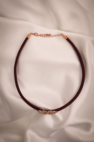 Bordo Yumuşak Deri Rose Renk Zircon Taşlı Choker