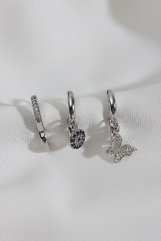 3'Lü Kelebek Figürlü Gümüş Renk Küpe