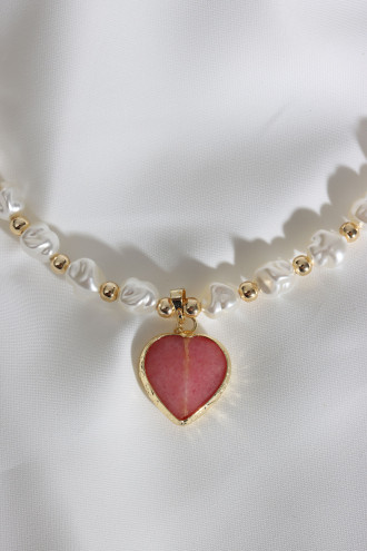 Pembe Renk Kalp Taşlı İnci Kolye