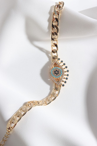 Zircon Taşlı Nazarlı Gold Renk Göz Zincir Bileklik