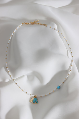 Mavi Mineli Fil Uçlu Beyaz Boncuk Kolye