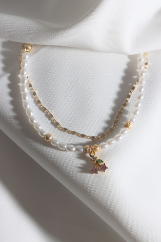 2'Li İnci Ve Gold Renk Zincirli Pembe Taşlı Kiraz Bileklik