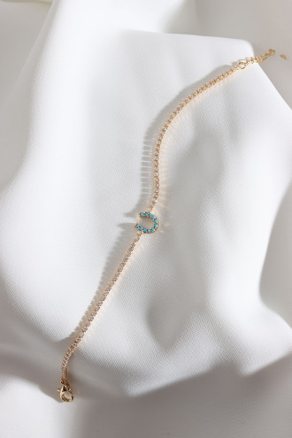 Mavi Taşlı At Nalı Figürlü Zircon Taşlı Gold Renk Suyolu Bileklik