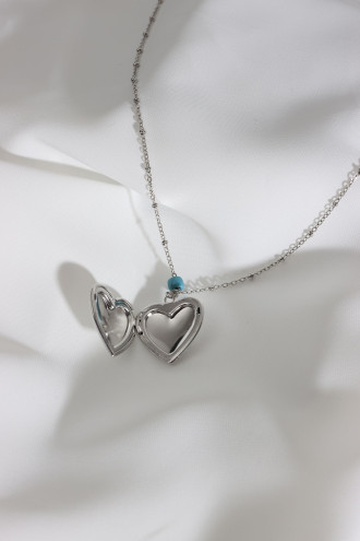 Lacivert Mineli Kalp Kapaklı Çift Taraflı Kullanıma Uygun Gümüş Renk Kolye