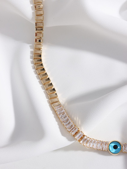 Baget Zircon Taşlı Nazar Boncuklu Gold Renk Kolye