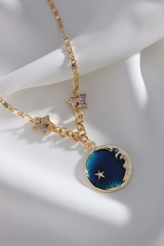 Lacivert Mineli Gold Renk Ay Kolye