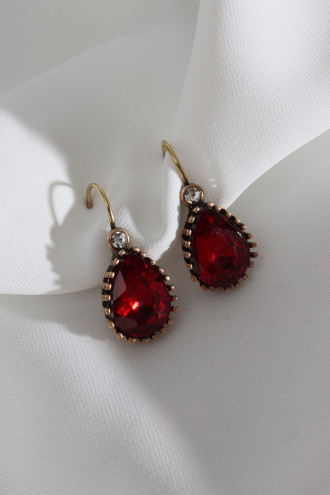 Büyük Boy Kırmızı Taşlı Damla Otantik Küpe