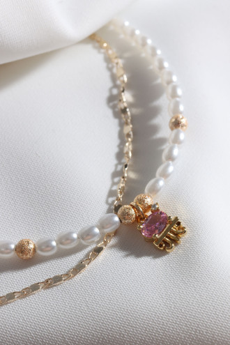 2'Li İnci Ve Gold Renk Zincirli Pembe Taşlı Deniz Anası Figür Bileklik