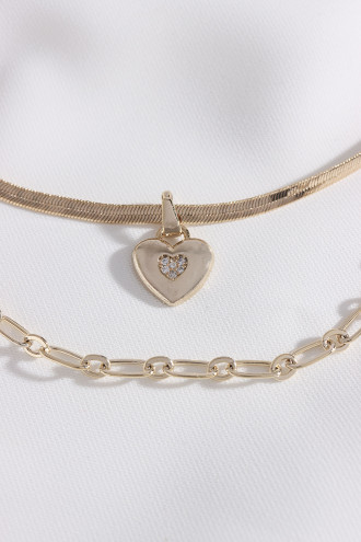 2'Li Ezme Italyan Zincirli Kalp Uçlu Gold Renk Kolye