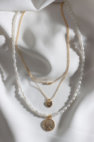 Incili 3'Lü Gold Renk Kolye