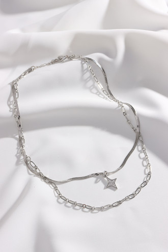 2'Li Ezme Italyan Zincirli Kutup Yıldızı Uçlu Gümüş Renk Kolye