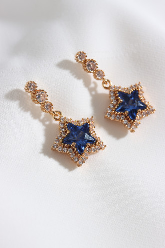 Lacivert Taşlı Sallantılı Gold Renk Yıldız Küpe