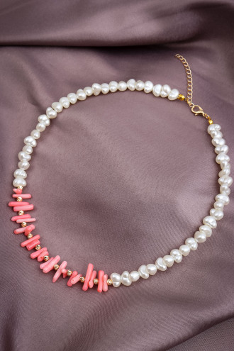 Pembe Doğal Taşlı Inci Kolye