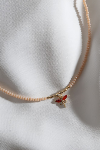 Krem Boncuklu Yusufcuk Uç Gold Renk Kolye