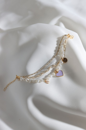 3'Lü İnci Detay Mineli Kalp Uçlu Gold Renk Bileklik