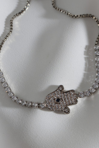 Gümüş Renk Zircon Taşlı Fatma Ana Eli Su Yolu Asansörlü Bileklik