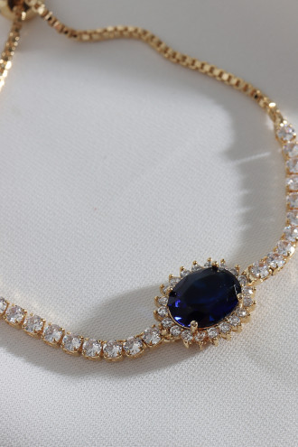 Oval Lacivert Zircon Taşlı Anturaj Gold Renk Su Yolu Asansörlü Bileklik