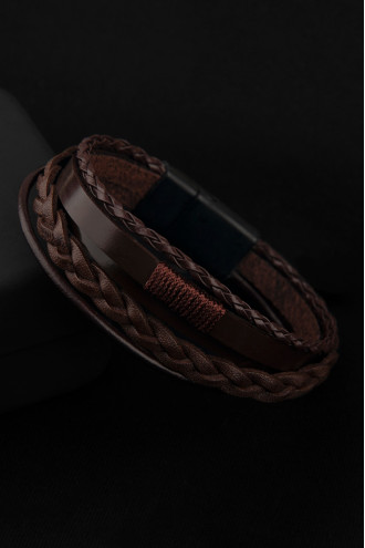 5'Li Kahverengi Deri Manyetik Toka Örgülü Erkek Bileklik