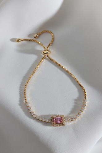 Pembe Baget Taşlı Gold Renk Asansörlü Zircon Su Yolu Bileklik